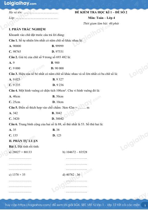 Đề số 2 - Đề kiểm tra học kì 1 - Toán lớp 4